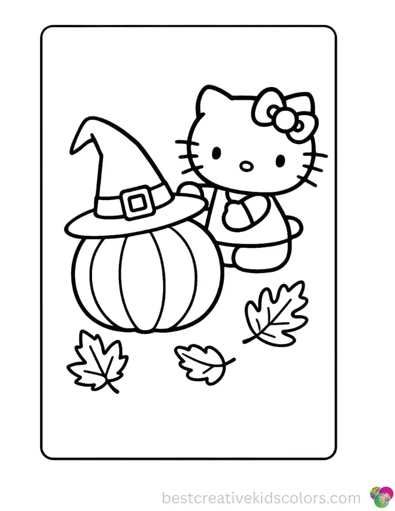 Hello Kitty beside pumpkin with witch hat, autumn leaves