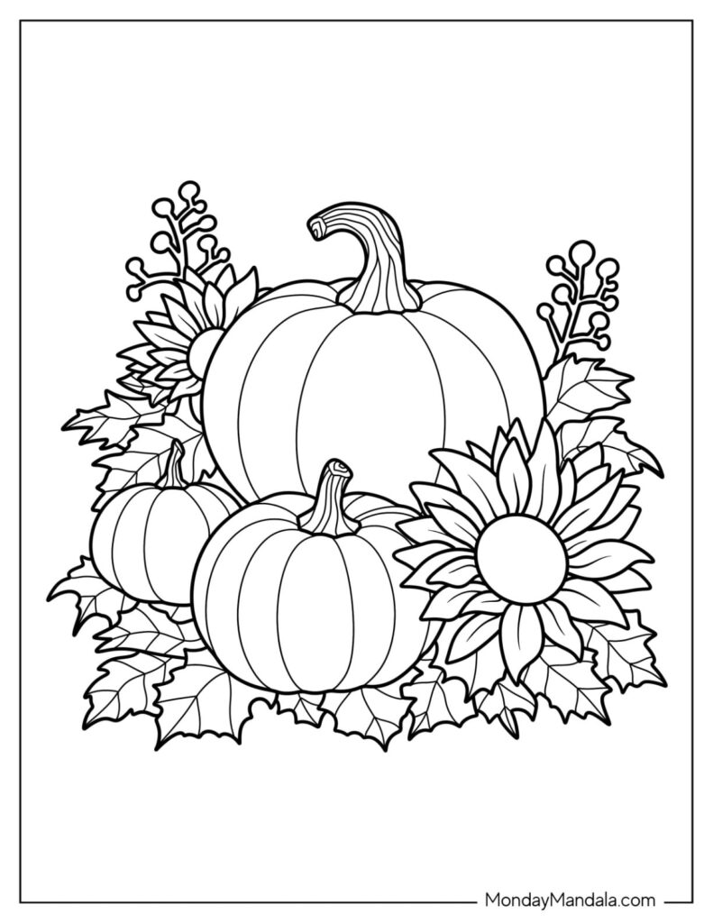 Black-and-white pumpkin and sunflower coloring page