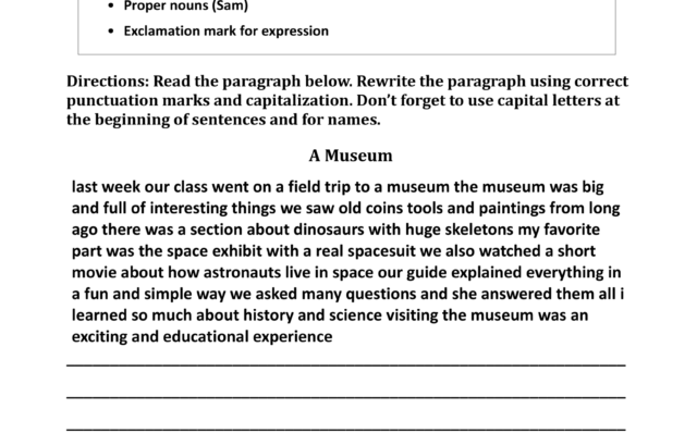 Punctuation practice worksheet with paragraph and blank lines