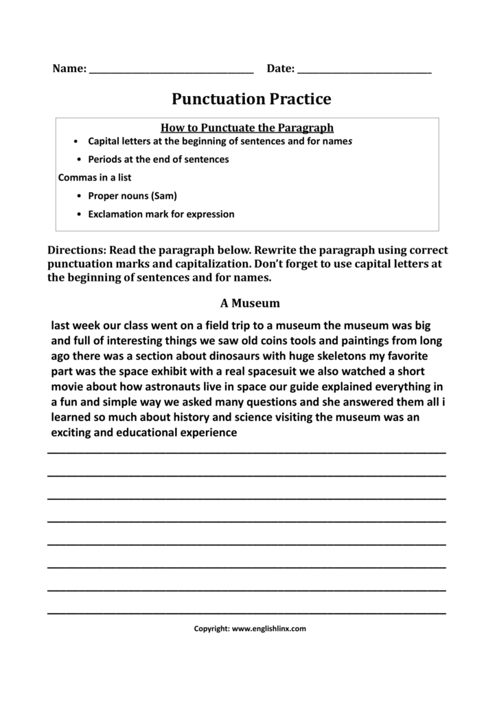 Punctuation practice worksheet with paragraph and blank lines