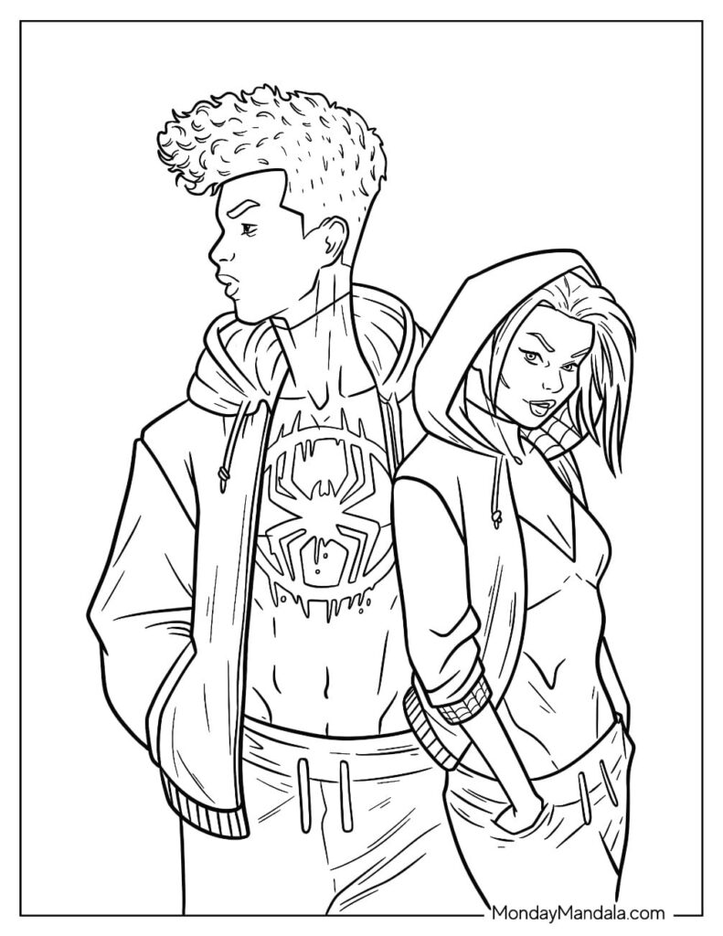 Line art of two hooded young adults standing back to back