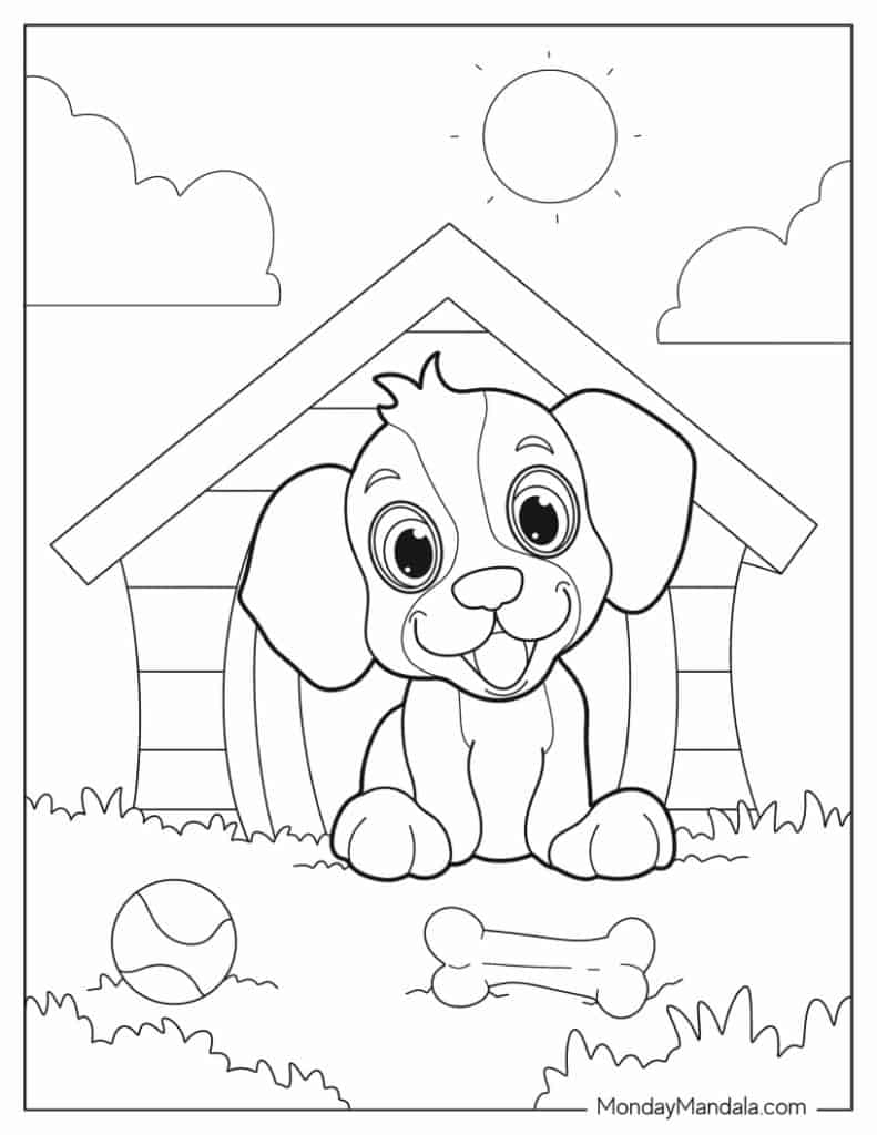 Cartoon puppy sitting in front of a doghouse outdoors