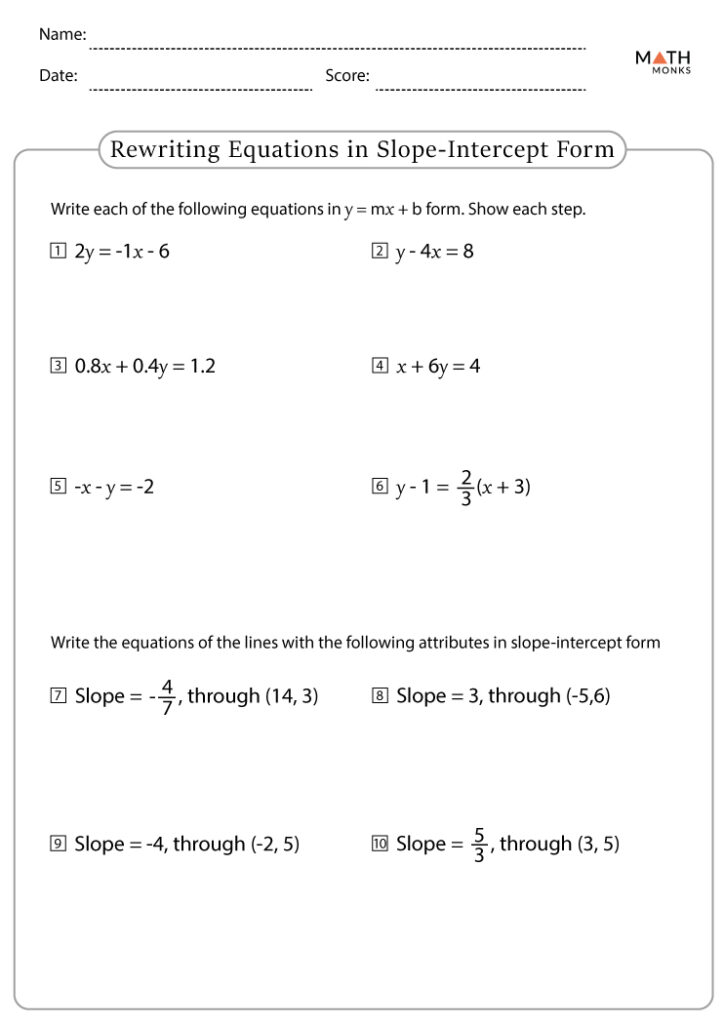 Math worksheet titled Rewriting Equations in Slope-Intercept Form