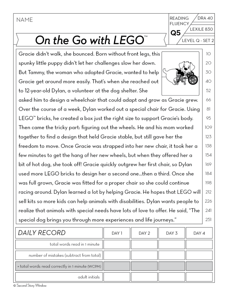 Reading fluency worksheet about a dog in wheelchair