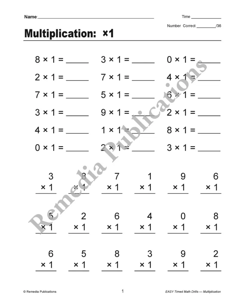 Multiplication worksheet with one-digit problems and blanks