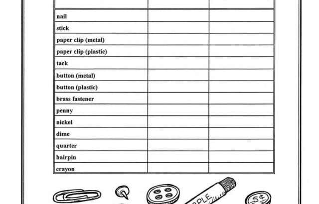 Black-and-white magnet worksheet with object checklist and drawings