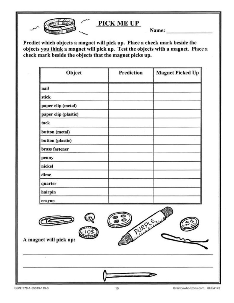 Black-and-white magnet worksheet with object checklist and drawings