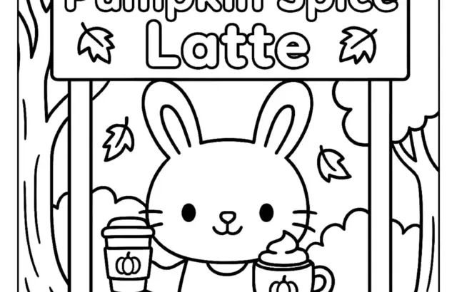 Pumpkin spice latte sign with bunny holding drinks