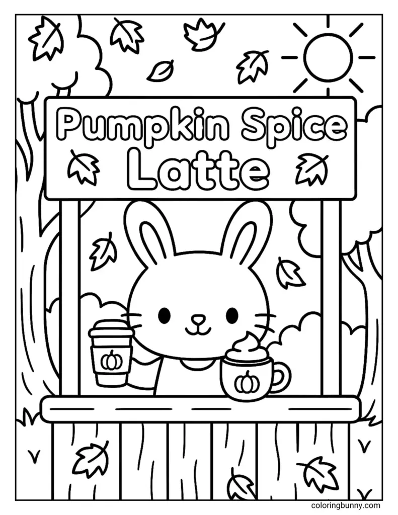 Pumpkin spice latte sign with bunny holding drinks