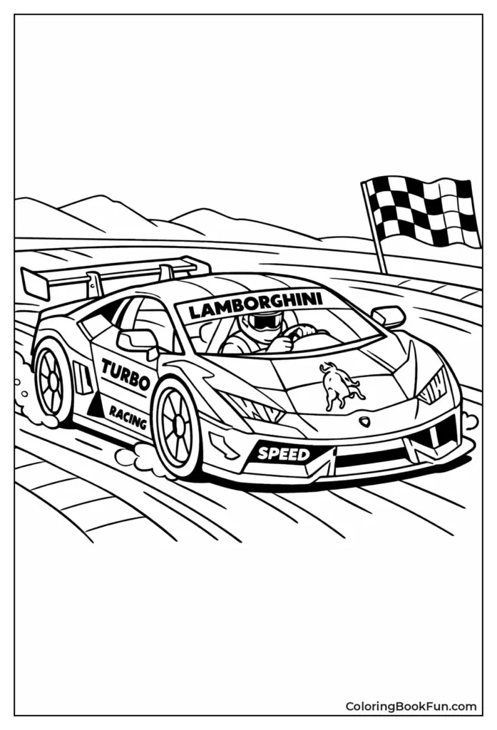 Sports car racing on track with checkered flag