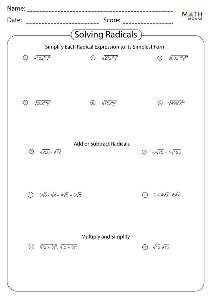 Math worksheet titled Solving Radicals with twelve problems