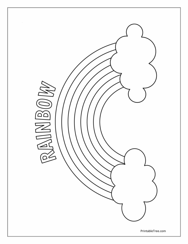 Black-and-white rainbow outline with clouds, printable page