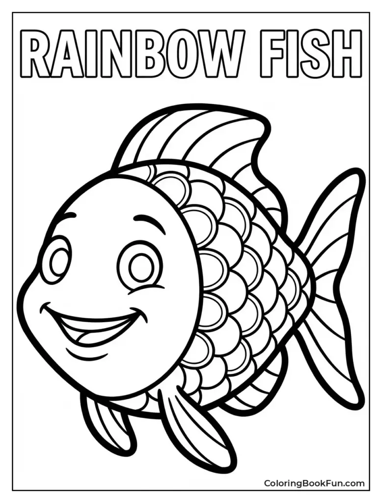 Rainbow fish coloring page with smiling cartoon fish