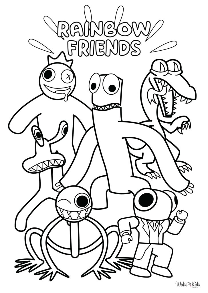 Black-and-white Rainbow Friends characters coloring page