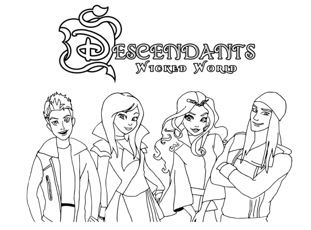 Black-and-white Descendants Wicked World coloring page with four characters