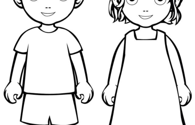 Black-and-white line drawing of a boy and girl