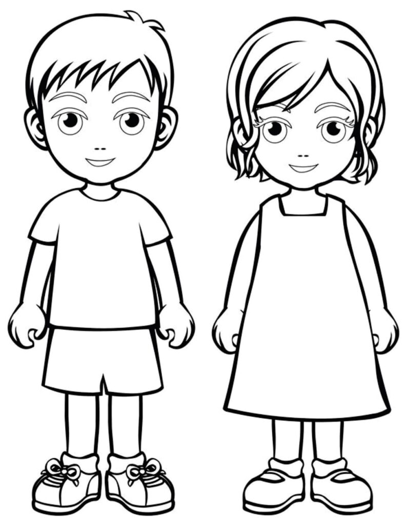 Black-and-white line drawing of a boy and girl
