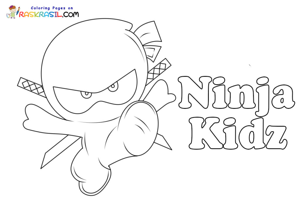 Cartoon ninja with “Ninja Kidz” text on white background