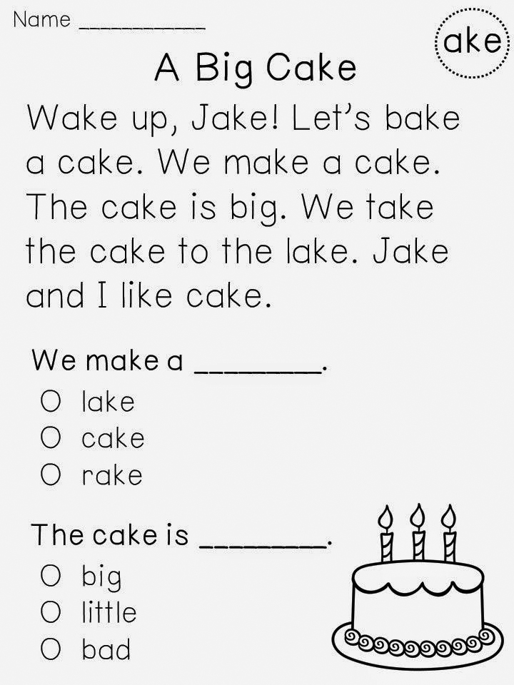 A children’s reading worksheet about baking a cake