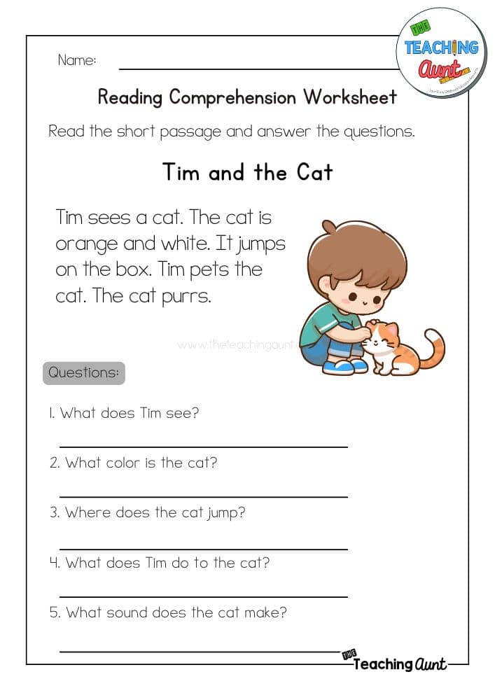 Reading comprehension worksheet titled Tim and the Cat
