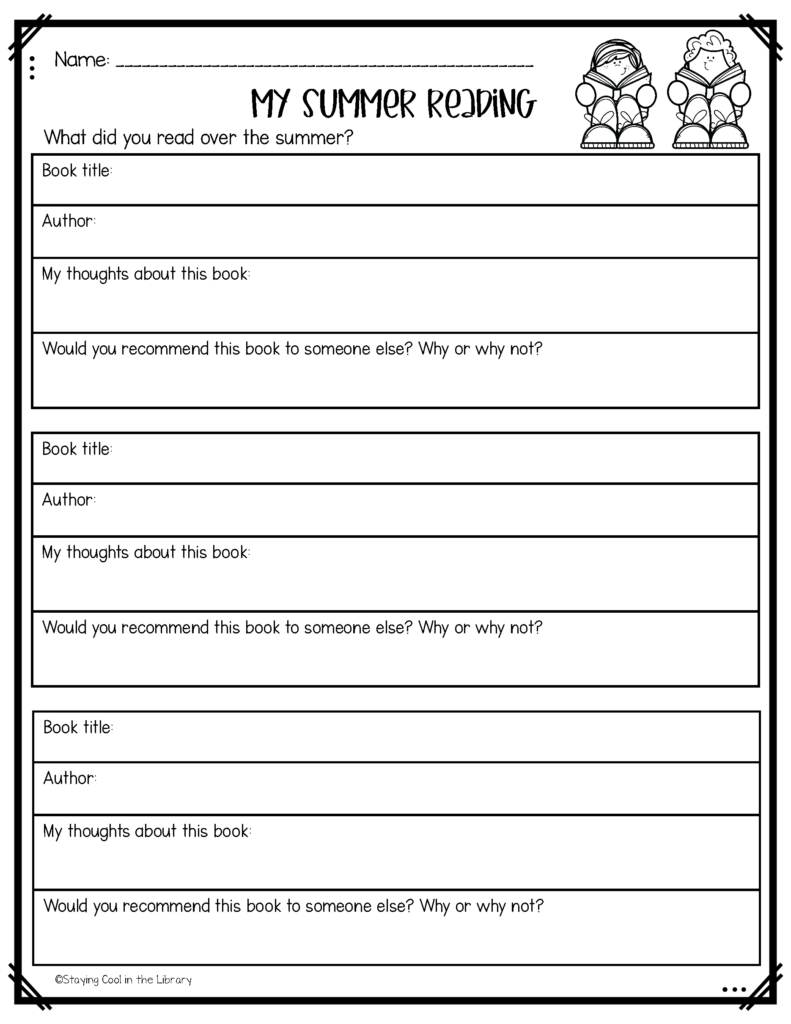 Black-and-white summer reading worksheet with three book review sections
