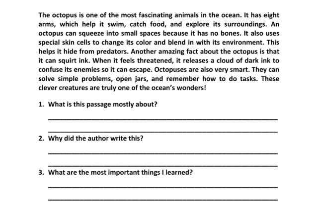 Octopus reading worksheet with questions and blank lines