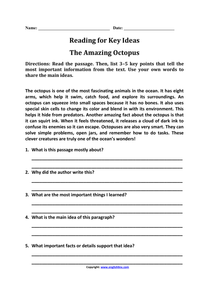 Octopus reading worksheet with questions and blank lines