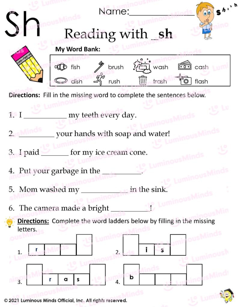 Sh reading worksheet with word bank and sentence blanks