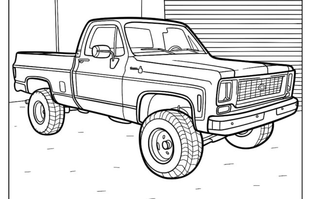 Black-and-white line drawing of a pickup truck