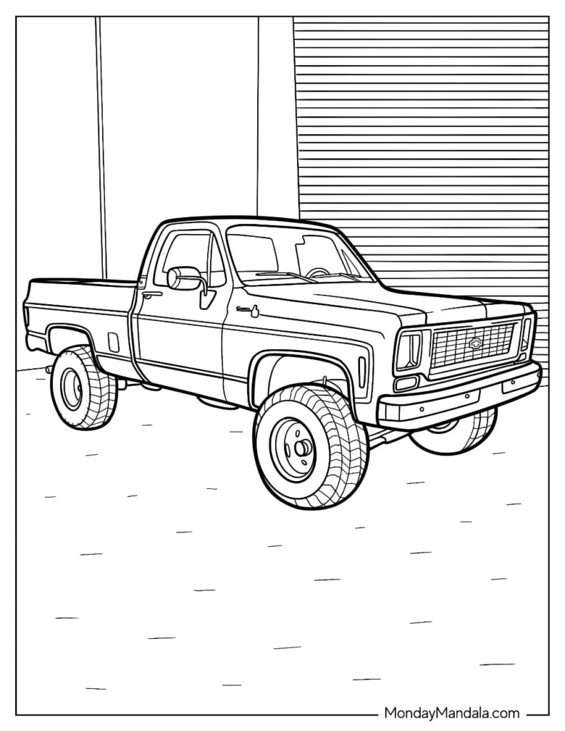 Black-and-white line drawing of a pickup truck