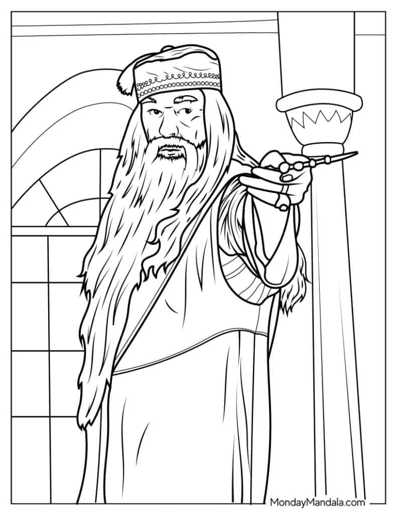 Black-and-white drawing of a bearded wizard holding wand