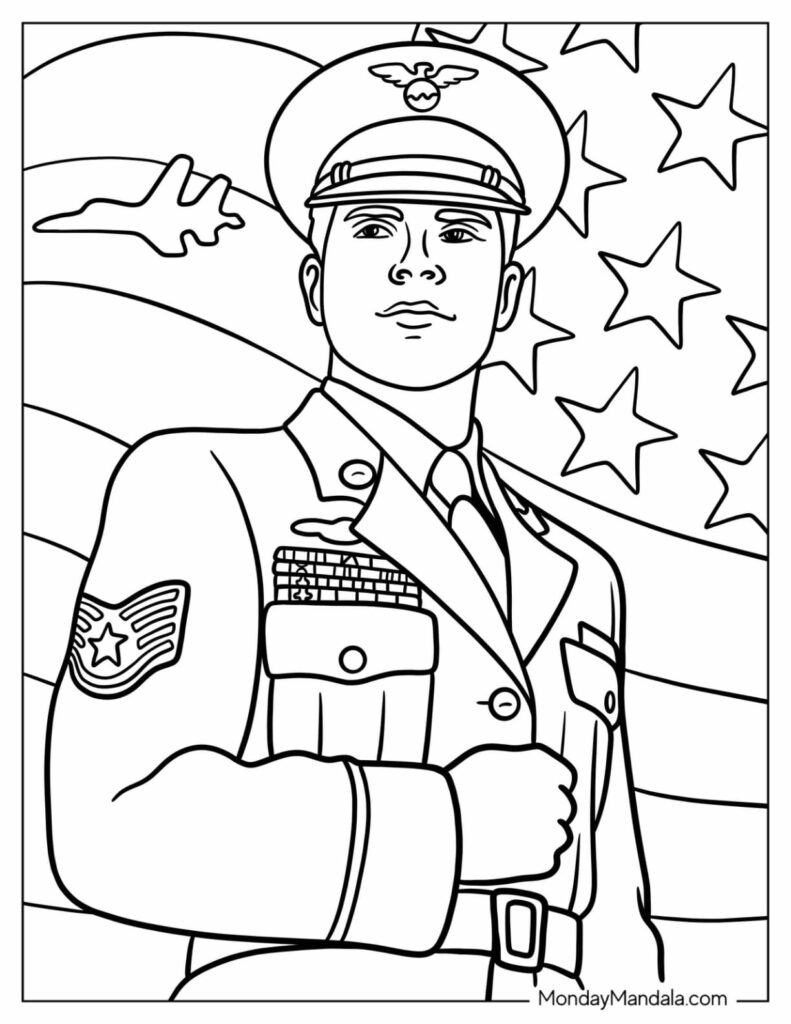 Line drawing of a uniformed officer before an American flag