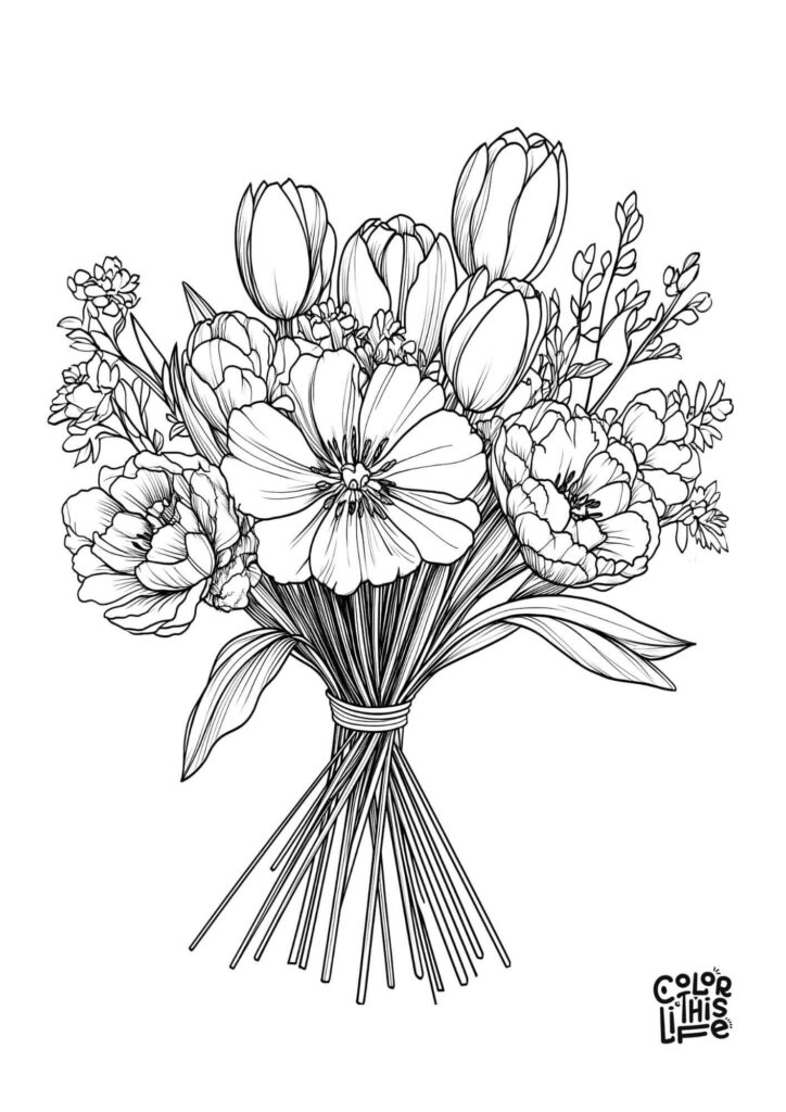 Black line drawing of a bouquet of tulips and flowers