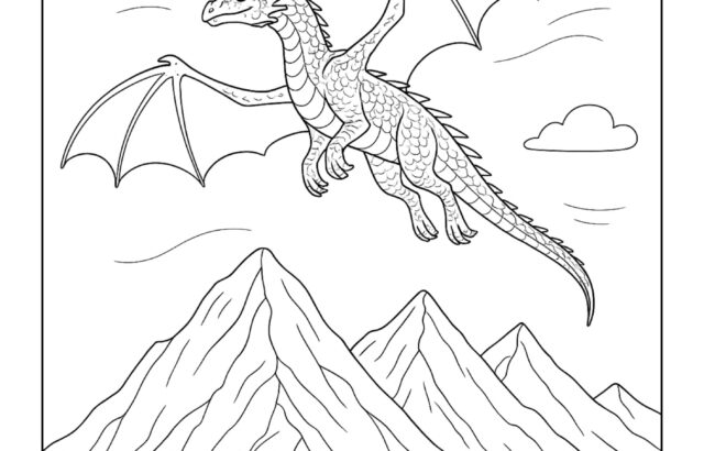 Line art dragon flying above mountains and clouds