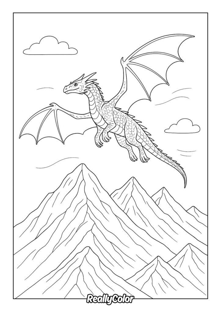 Line art dragon flying above mountains and clouds