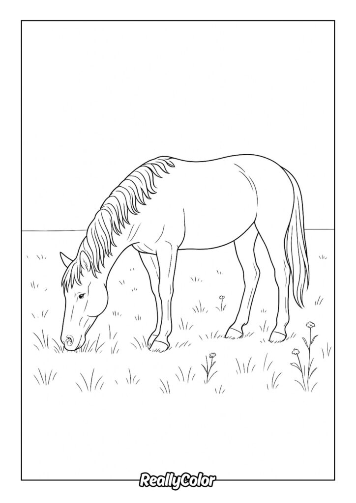 Line drawing of grazing horse in grassy field