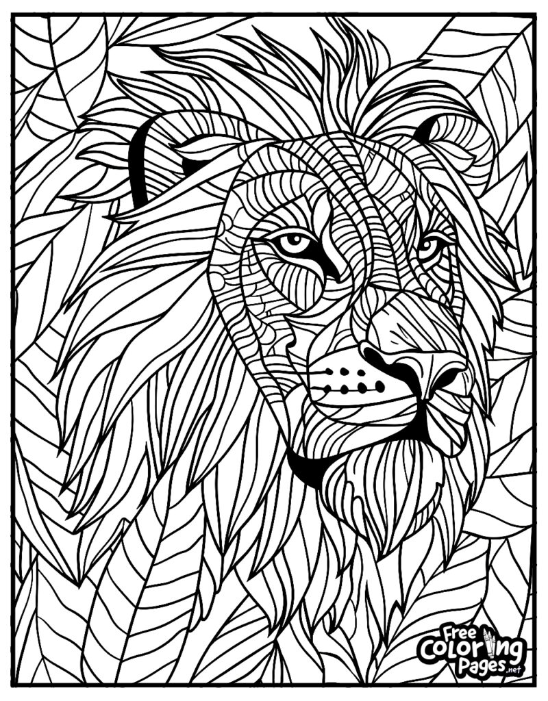 Black-and-white lion face coloring page with leaves