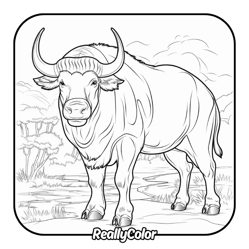 Black-and-white line drawing of a buffalo standing outdoors