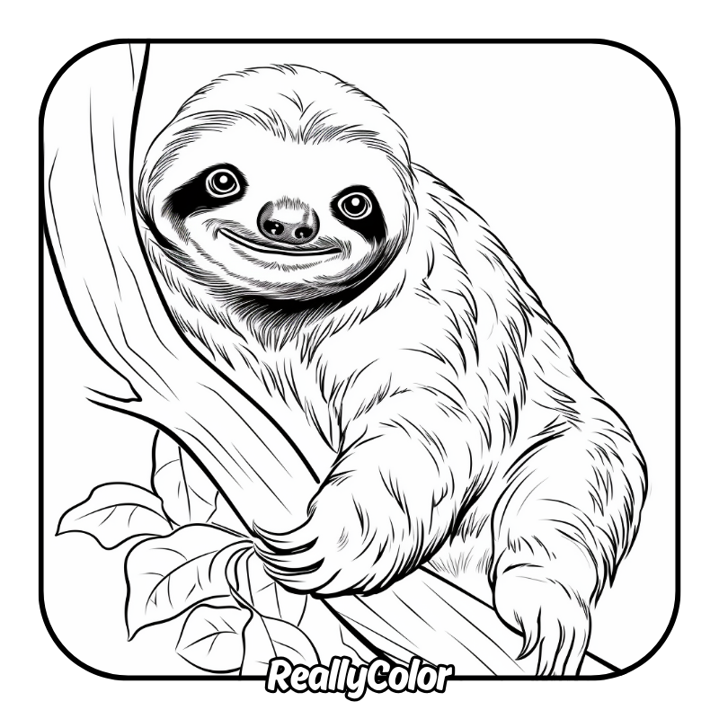 Smiling sloth clinging to a tree branch