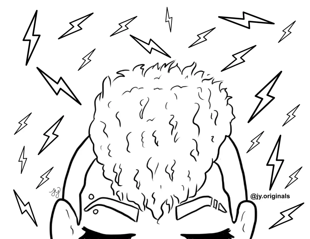 Black line drawing of a curly-haired face with lightning bolts