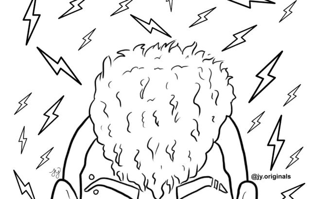 Black line drawing of a curly-haired face with lightning bolts