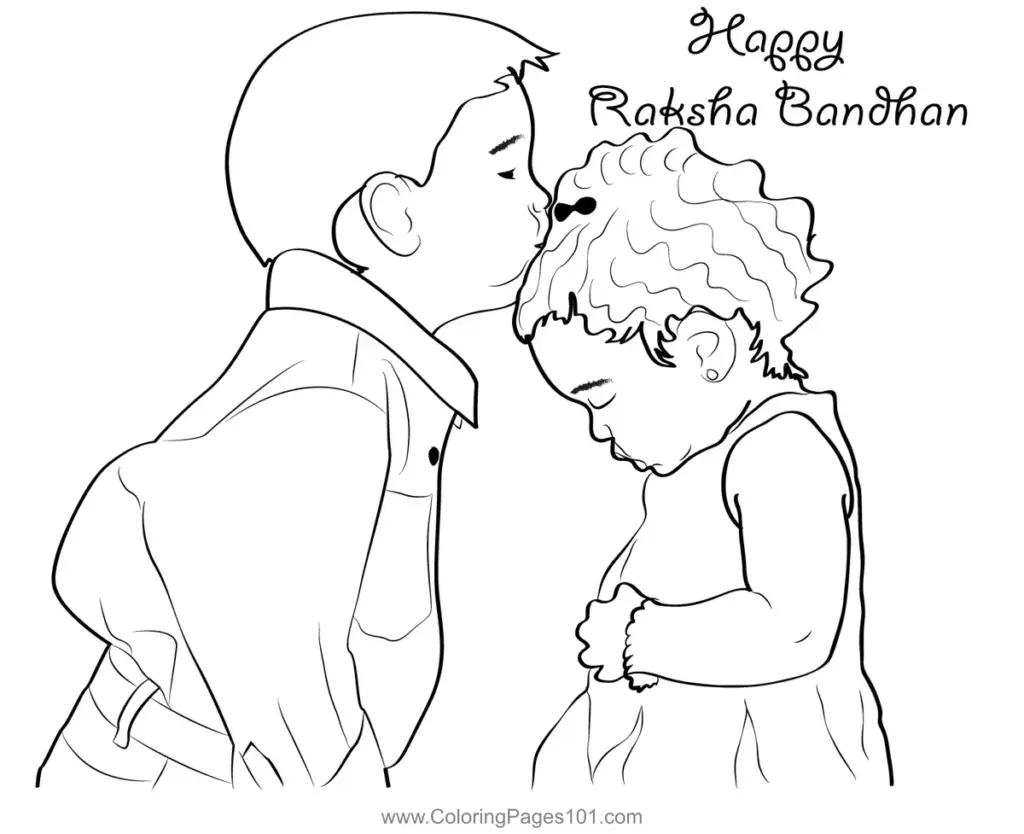 Line drawing of child kissing another child, with greeting text