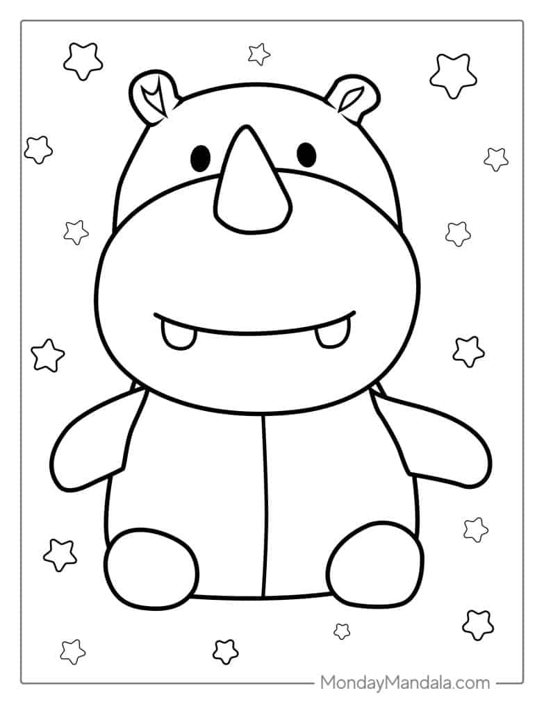 Cartoon rhinoceros coloring page with stars around it
