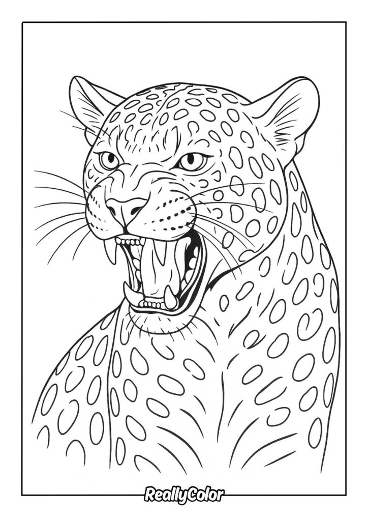 Black-and-white leopard illustration with open mouth