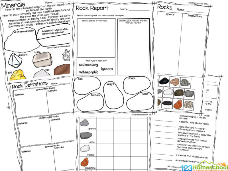 Rock worksheets with rock and mineral diagrams on page