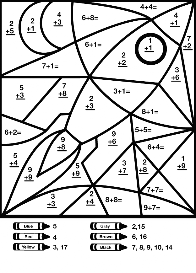 Black-and-white color-by-number worksheet with crayon key at bottom