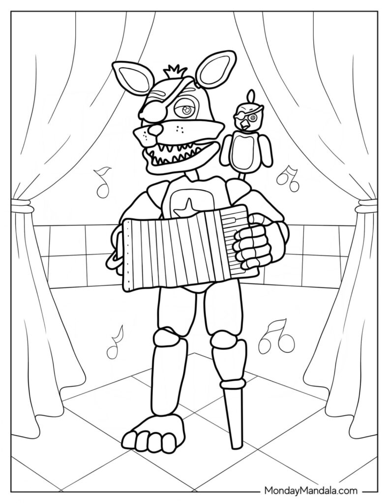 Cartoon animatronic fox holding an accordion onstage