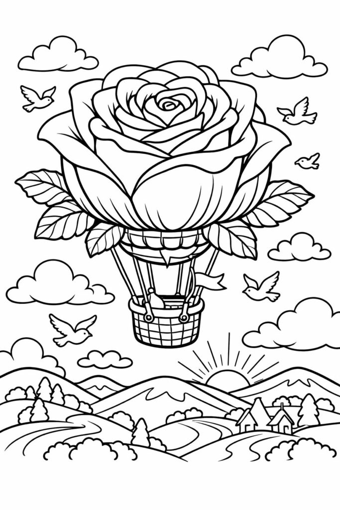 Rose-shaped hot air balloon over countryside with birds and clouds