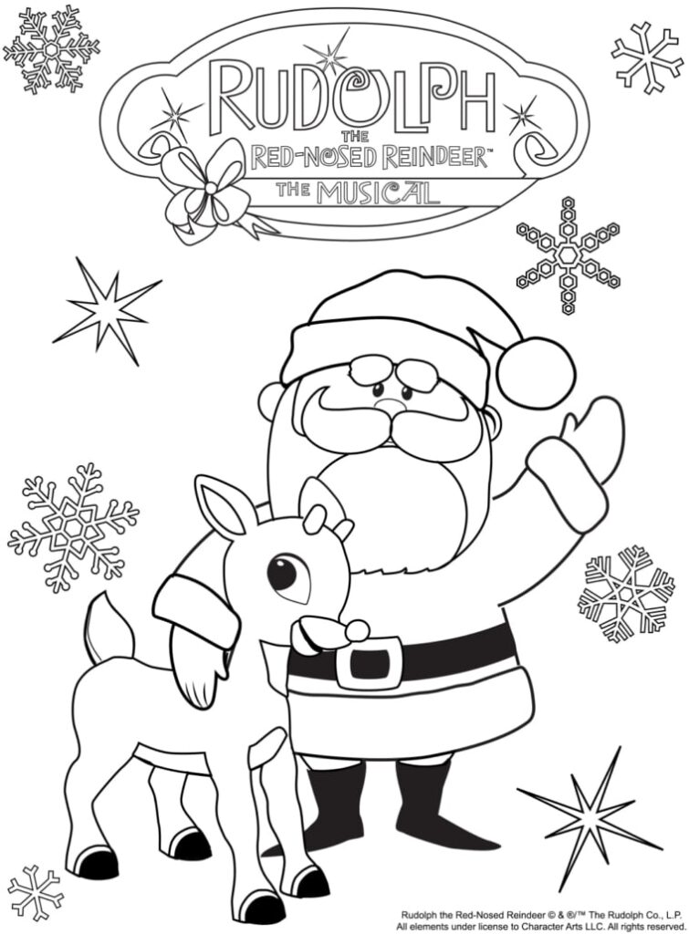 Santa waving beside a reindeer, snowflakes around them