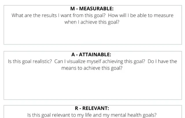 SMART goal setting worksheet with five labeled sections